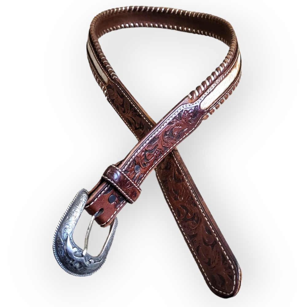 Justin Leather Cow Hide Belt with Silver Stitching and Silver Buckle 38